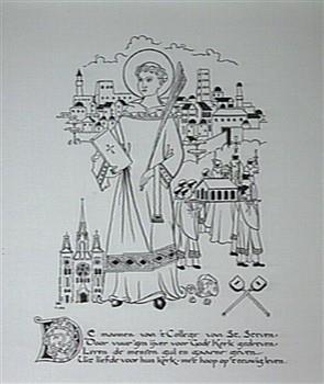 "De mannen van 't College van St. Steven, door vuur'gen ijver voor Gods Kerk gedreven, leren de mensen gul en gaarne geven uit liefde voor hun kerk, met hoop op 't eeuwig leven"; Tekening
Tekening