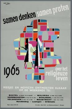 "Samen denken samen praten. Meisjes en novicen ontmoeten elkaar op de weekends te:"; Tekening
Tekening