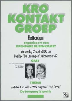 "KRO Kontakt groep Rotterdam organiseert een openbare bijeenkomst. M/V magazine"; Tekening
Tekening
