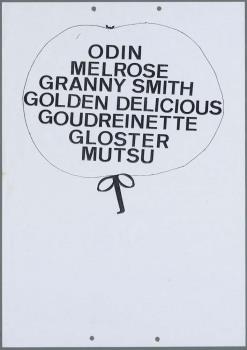 "Odin. Melrose. Granny Smith. Golden Delicious. Goudreinette. Gloster. Mutsu"; Tekening
Tekening