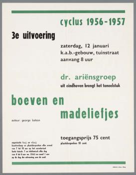 "Cyclus 1956-1957. 3e Uitvoering. Dr. Ariënsgroep uit Eindhoven brengt het toneelstuk Boeven en Madeliefjes"; Tekening
 Tekening
