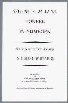 "Toneel in Nijmegen. Nederduitsche schouwburg. Tentoonstelling van achttiende-eeuwse toneelstukken"; Tekening
Tekening