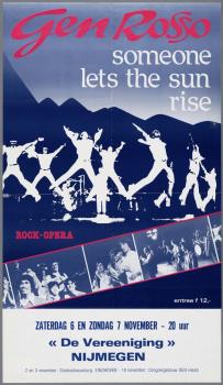 "Gen Rosso. Someone lets the sun rise. Rock-Opera. Zaterdag 6 en zondag 7 november. De Vereeniging Nijmegen"; Tekening
 Tekening