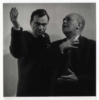Jan Blaaser als mijnheer Wamselaar en Johannes Bernardus (Jan) Blok (bij het televisiespel 'School der Volwassenen' van de KRO op 13 november 1960.; Foto Foto