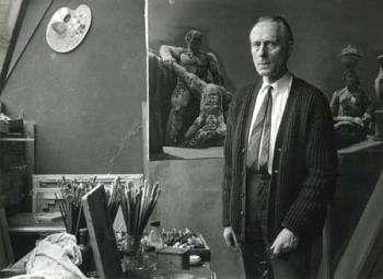 Carel Willink staand in zijn atelier; Foto Foto