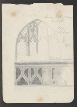 Schets van een raam en schets van een ballustrade van de nonnengalerij. Beide in de Nieuwe Kerk te Delft.; Tekening Tekening