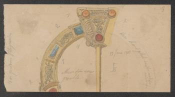 Schets van een fibula. Met aanwijzingen betreffende de ornamentatie. In kleur uitgevoerd.; Tekening Tekening