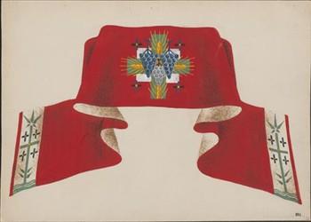 Ontwerptekening voor een rood schoudervelum versierd met een kruis met korenaren en druiventrossen; Tekening Tekening